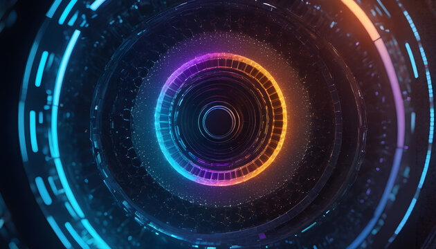 A large, circular machine with an orange and blue lights.