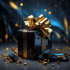 Elegant Black Gift Box with Golden Ribbon on Blue. A luxurious black gift box tied with a golden bow, surrounded by confetti on a blue backdrop.