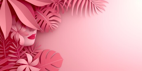 Fototapeta na wymiar Beautiful woman face with pink tropical leaves background. Vector illustration. copy space