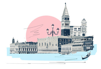 Contemporary artwork. Creative design in retro style. Color image if beautiful buildings in Venice. Vintage town. Concept of creativity, surrealism, imagination, futuristic landscape © Solarisys