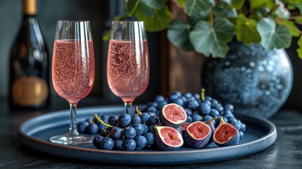  a blue plate topped with two glasses of wine next to a plate of grapes and figs next to a potted plant and a vase with a potted plant.