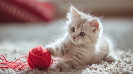 Fluffy white beautiful kitten plays with a red ball of thread