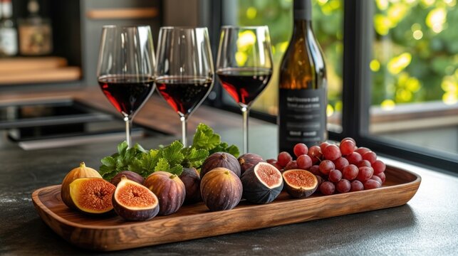  a wooden tray topped with wine glasses filled with red wine next to figs and a bunch of grapes on top of a counter next to a bottle of wine.