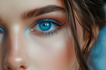 Fototapeta premium detail of a beautiful young woman with blue eyeshadows, makeup trends