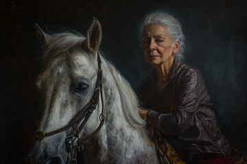 &Auml;ltere Frau mit wei&szlig;em Haar und ihrem Schimmel in liebevollem Beisammensein