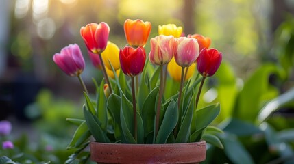Colorful tulips in a flower pot in summer garden