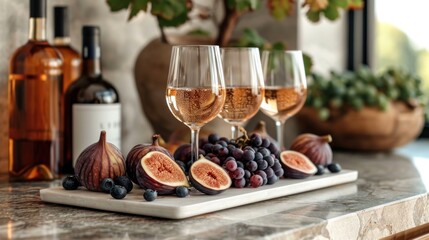 Fototapeta na wymiar a table topped with glasses of wine and figs next to bottles of wine and a vase filled with grapes and figs on top of a marble slab of marble.