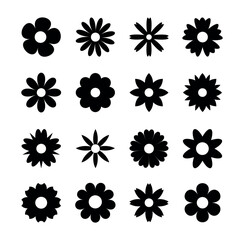 set of black daisies from geometric figures, collection of abstract silhouettes of flowers flowers icons isolated on white