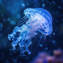 Glowing jellyfish swim deep in blue sea. Medusa neon jellyfish 