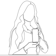 Continuous line drawing Happy girl show modern cellphone young woman demonstrate smartphone concept