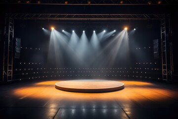 empty stage, bright red spotlights. start of the show. theater, concert hall. Philharmonic - obrazy, fototapety, plakaty
