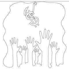 Fototapeta premium Continuous line drawing Hooked money and reaching hands icon vector illustration concept