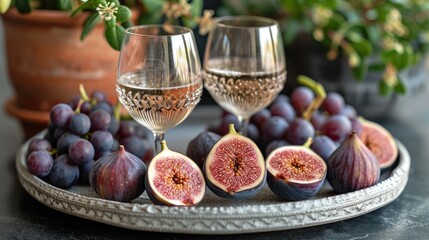  a plate of figs and a glass of wine on a table with a potted plant and a potted plant in the background on a table with a plate of figs.
