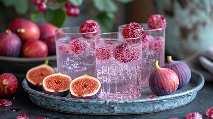  a tray topped with glasses filled with liquid next to sliced figs and a bowl of figs next to a bowl of figs and a potted plant.