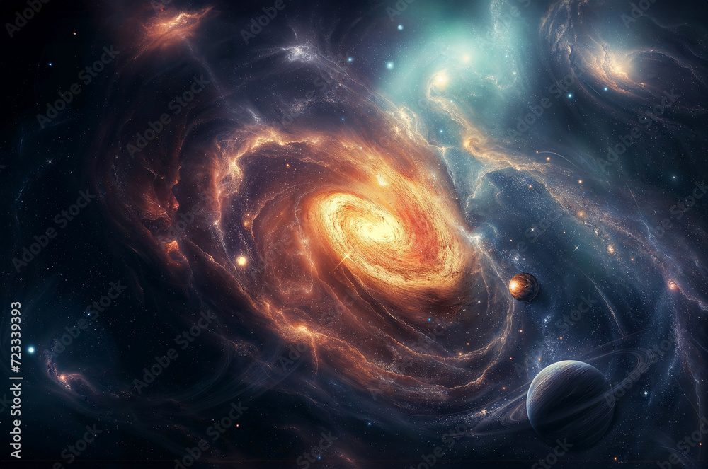 Wall mural spacescape of swirling galaxies and planets and stars and auroras,