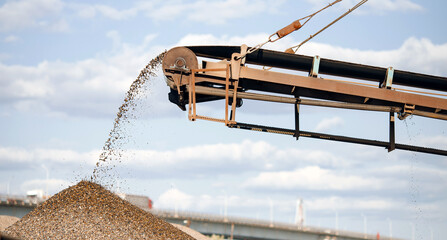 Sand quarry, Industrial plant with belt conveyor in open pit mining. Construction site, Industry...