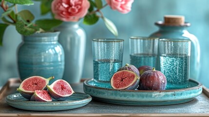  a close up of a plate of fruit on a table with vases of flowers in the background and a plate of figs on the table with figs on it.