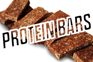Protein bars transparently written on the actual protein bars on white background