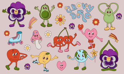Vintage characters and elements with 70s hippie style set. Cute stickers or badges in a trendy psychedelic style. Fruits, mushrooms, rainbow, inscription in cartoon groove style. Vector illustration.