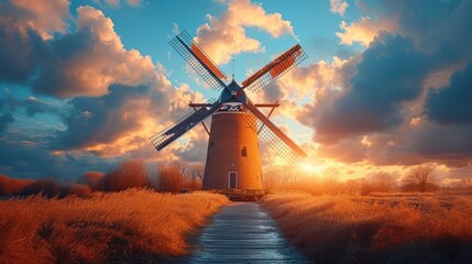  a windmill in the middle of a field with a path leading to it and the sun shining through the clouds in the sky over the top of the windmills. - obrazy, fototapety, plakaty