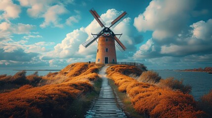  a windmill sitting on top of a hill next to a body of water in the middle of a lush green field under a blue sky with puffy white clouds. - obrazy, fototapety, plakaty