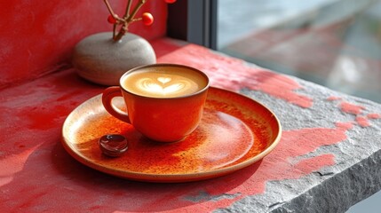  a cup of coffee sitting on top of a saucer next to a vase with a flower in it on a red and gray table cloth covered with red paint.