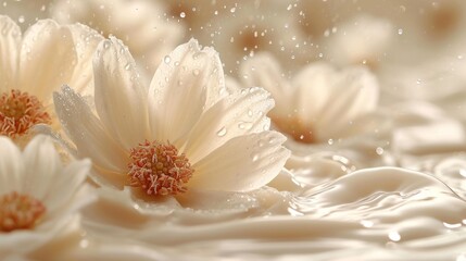  a group of white flowers sitting on top of a white liquid filled bed of water with drops of water on top of the petals and on top of the petals.