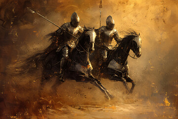 Ritter im Galopp auf einen im vintage gemalten stils eines &Ouml;lbilds