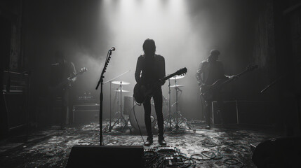  a black and white photo of a band playing in a dark room with spotlights on the floor and a person...