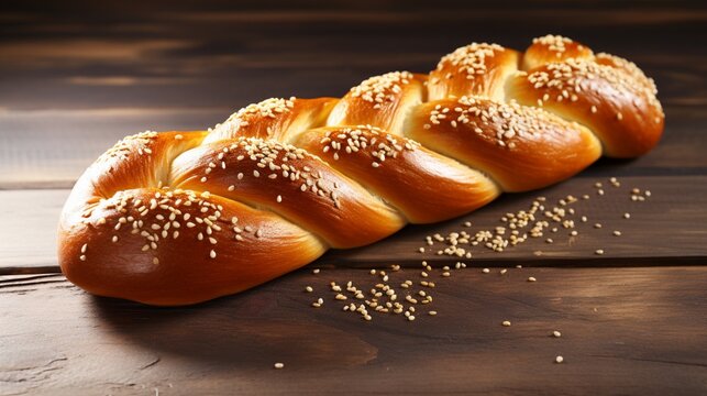 Homemade braided bread with sesame seeds isolated on solid white color background. Traditional Shabbat challah