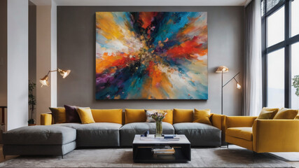 A photo of a large canvas painting. The painting is abstract and colorful, and it is displayed in a contemporary living room. The painting is the focal point of the room, and it adds a touch of style 