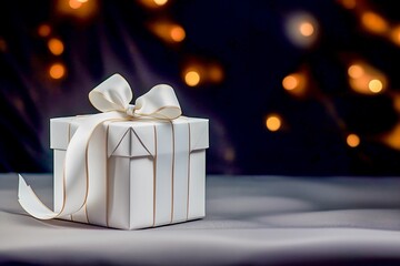 white gift box, ribbon with bow, on dark background with lights