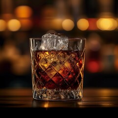 AI generated illustration of Glass of whiskey and coke next to an ice block on table