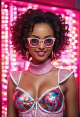Fototapeta na wymiar A woman with dark hair styled in an updo, wearing sunglasses and a bikini top. She has large, round earrings and red lipstick. She stands in front of a wall of neon lights.