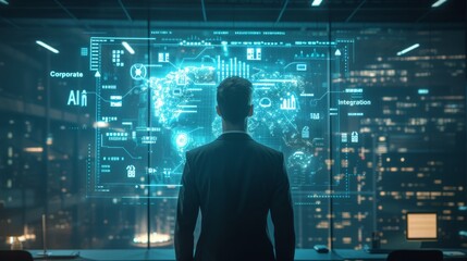 In a modern office setting, a business leader demonstrates the successful integration of AI into various facets