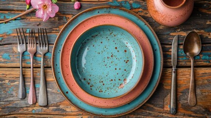  a close up of a plate on a table with utensils and a teal plate with brown speckles and a pink bowl with a pink flower.