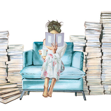 Young girl reads a book sitting on a books stack. Watercolor hand painted woman reading a story. Book lover concept. Book reader design. Bookworm illustration.