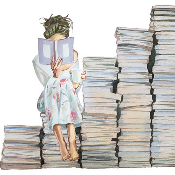 Young girl reads a book sitting on a books stack. Watercolor hand painted woman reading a story. Book lover concept. Book reader design. Bookworm illustration.