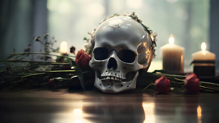 Ilustración de cráneo humano con flores - obrazy, fototapety, plakaty
