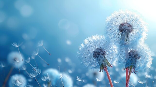  a close up of a dandelion on a blue background with a blurry image of the dandelion in the foreground and the background is blurry of the dandelions in the foreground.