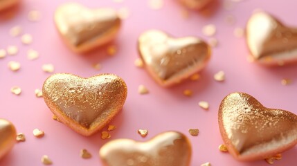 Obraz premium Many small gold 3D hearts on a soft pink background