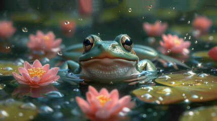  a frog sitting on top of a lily pad in a pond of water surrounded by lily pads and pink water lilies with drops of water droplets on the surface.
