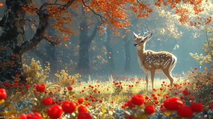  a deer standing in the middle of a forest with red flowers in the foreground and a tree with orange leaves in the background, with red flowers in the foreground.