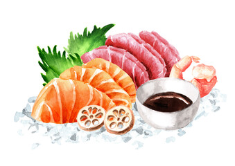 Japanese Sashimi set. Hand drawn watercolor illustration, isolated  on white background