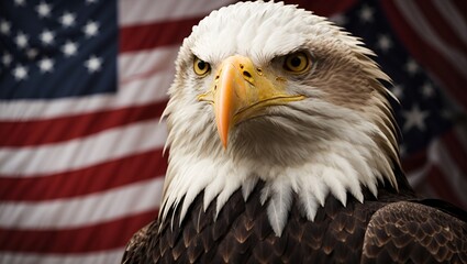 Majestic Bald Eagle soars against the backdrop of the American flag, symbolizing strength and freedom. A powerful tribute to the spirit of the United States.
