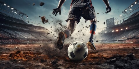 a soccer player kicks the ball into a football pitch - obrazy, fototapety, plakaty