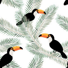 Toucans, palm leaves, white background. Vector floral seamless pattern. Tropical illustration. Exotic plants, birds. Summer beach design. Paradise nature