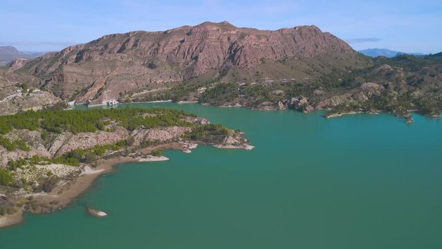 Aerial view of the Alfonso XIII reservoir in Calasparra, Region of Murcia, Spain