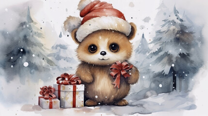 watercolor illustration, cartoon, owl, rabbit, christmas, winter, greeting cards, character, hat, snow, presents, christmas trees, scarfs, puppy, raccoons, toy, bear, teddy, animal, object, child, hol - obrazy, fototapety, plakaty