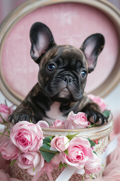 A french bulldog puppy inside a gift box with roses. Generative AI 